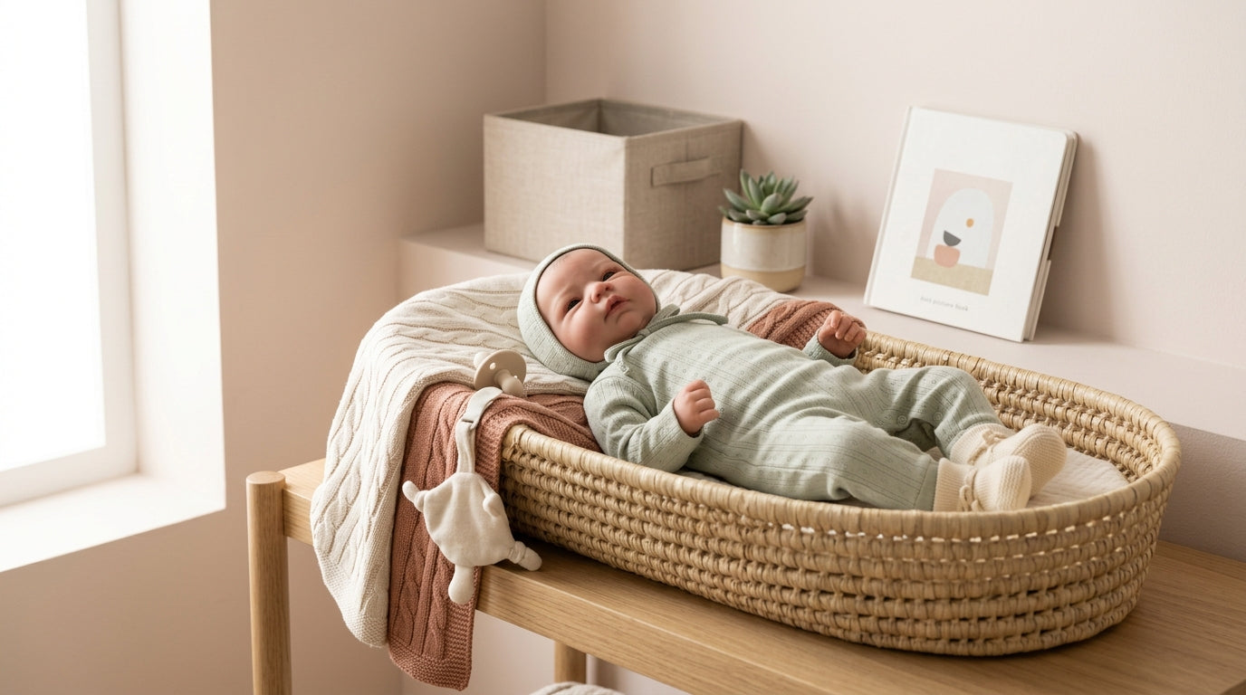 A toddler practicing holding a realistic reborn baby doll on a playmat