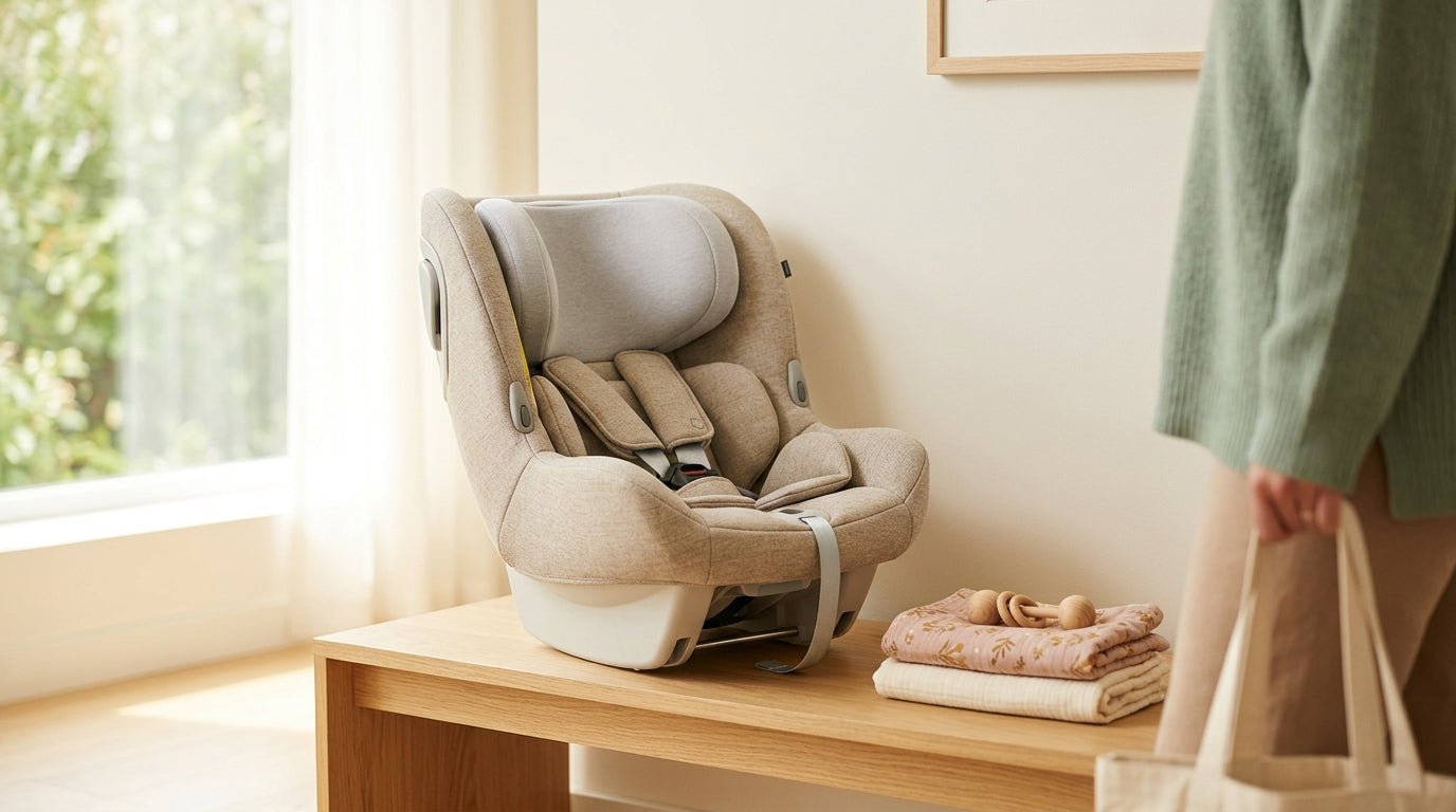 Mom struggling to install a heavy baby car seat in a truck