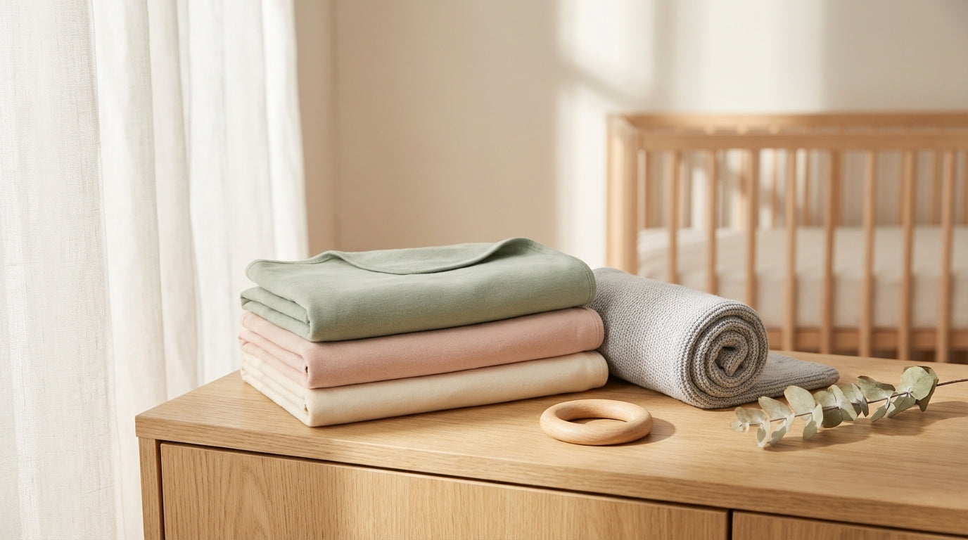 Messy stack of folded baby blankets and burp cloths on a nursery dresser
