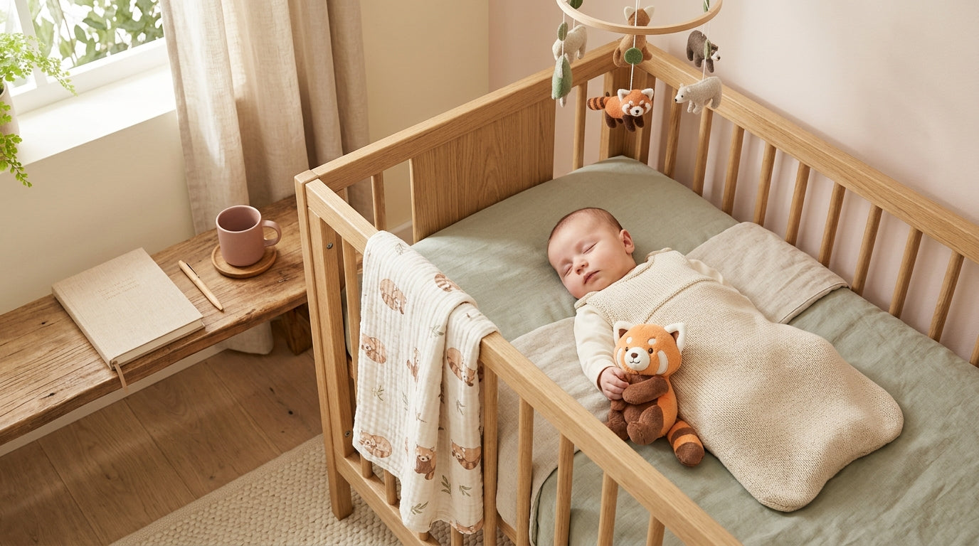 A tired mother holding a baby panda teether in a dimly lit nursery room