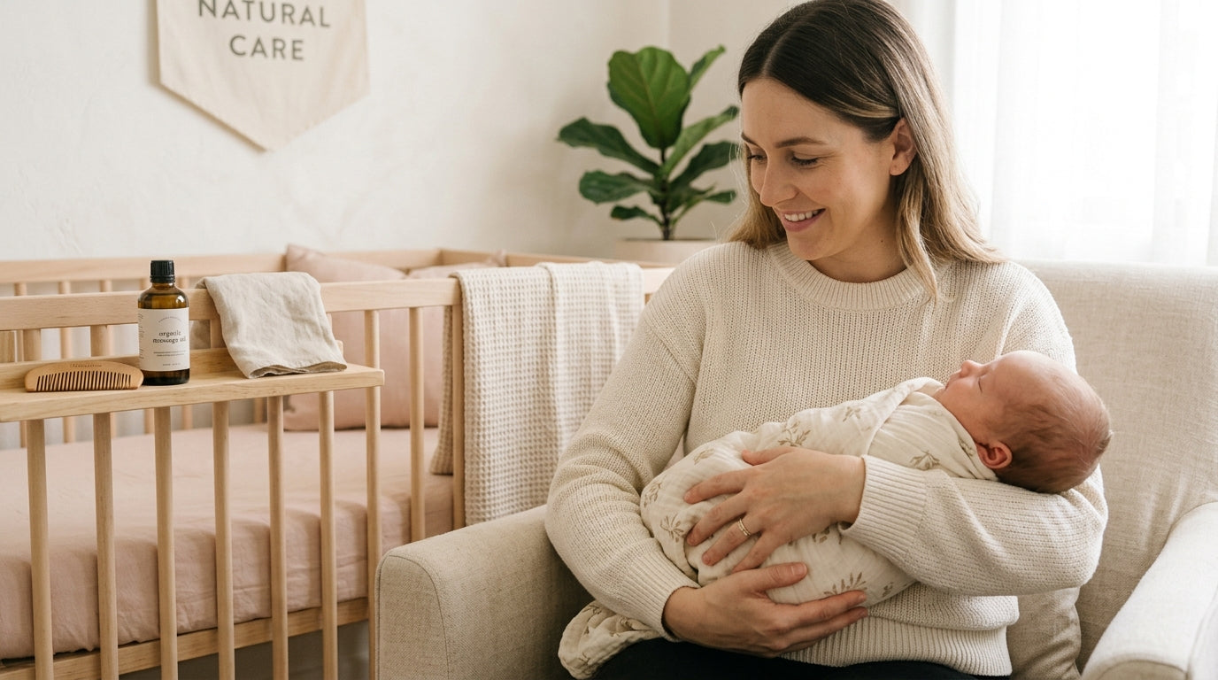 Mom holding a crying infant wondering how to relieve constipation in newborn babies quickly