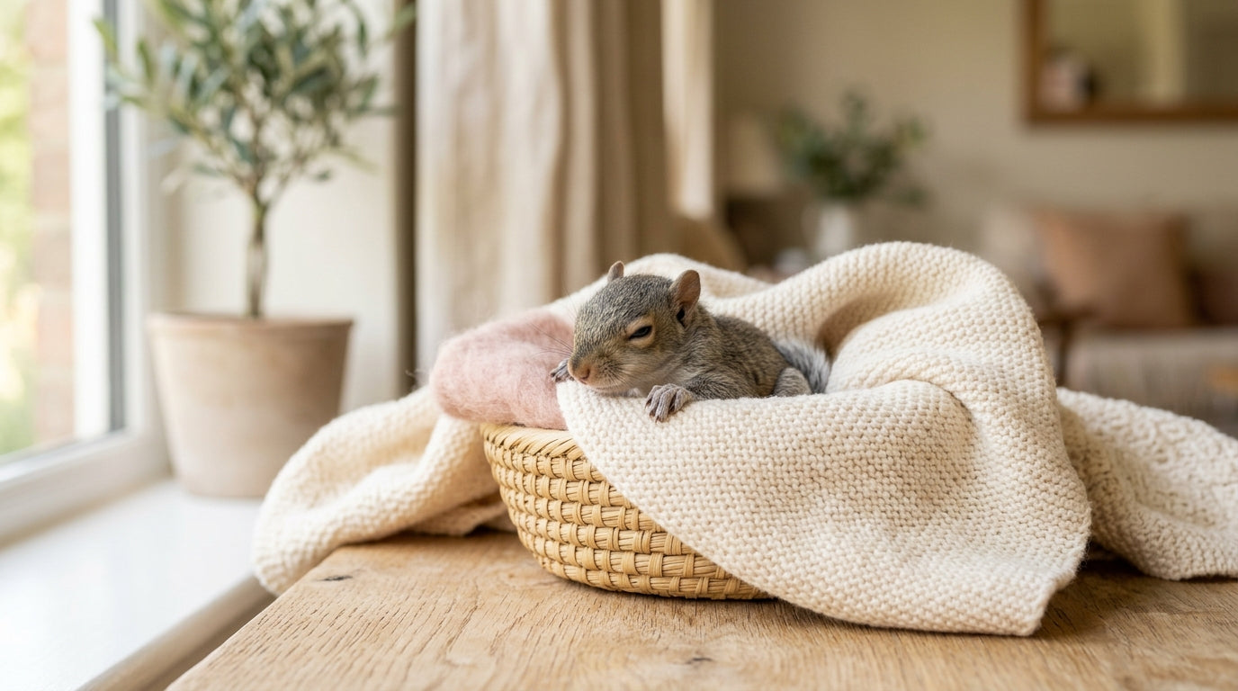 A tiny newborn squirrel resting safely on a smooth cotton cloth inside a dark cardboard box