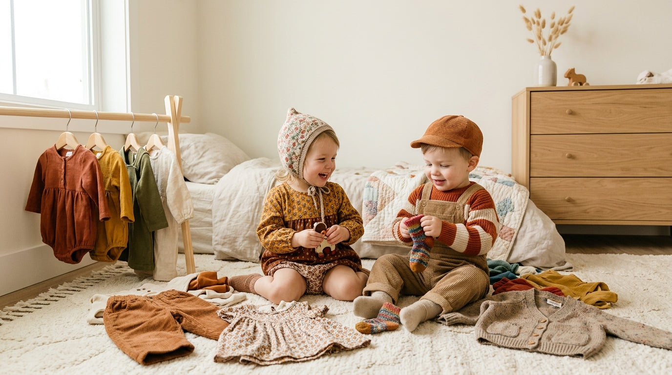 Twin toddlers wearing 1970s style organic cotton shirts and joggers