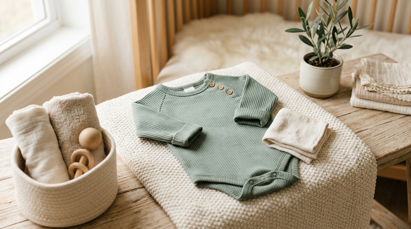 Tired dad holding a baby in a stretchy ribbed onesie