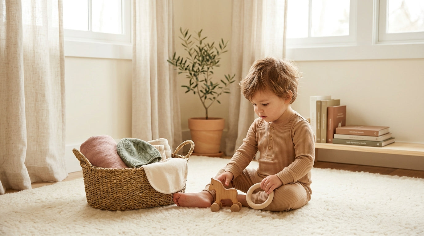 Exhausted British twin dad holding a wooden baby gym in a messy living room