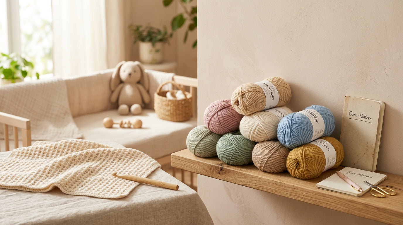 Ein chaotischer Korb voller Garnreste und eine halbfertige Babydecke.
