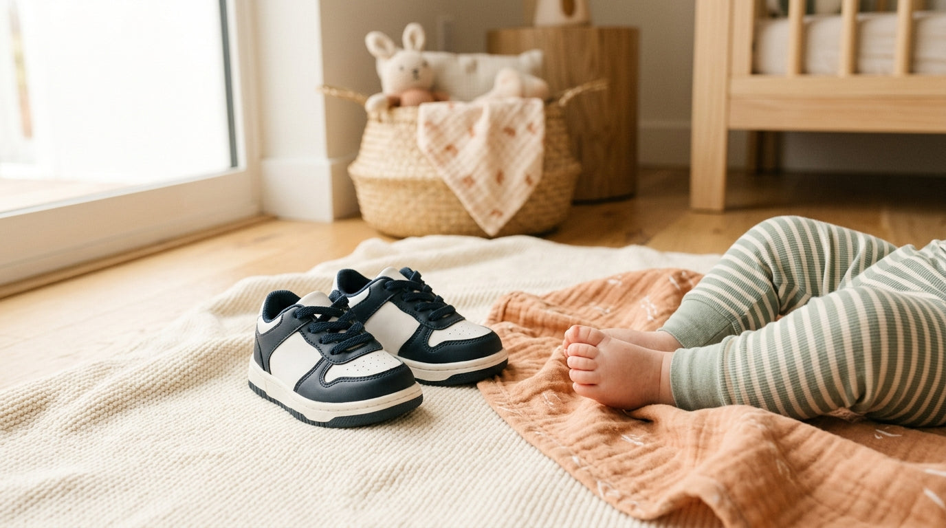 Toddler taking first steps outside wearing flexible soft sole baby sneakers on grass.