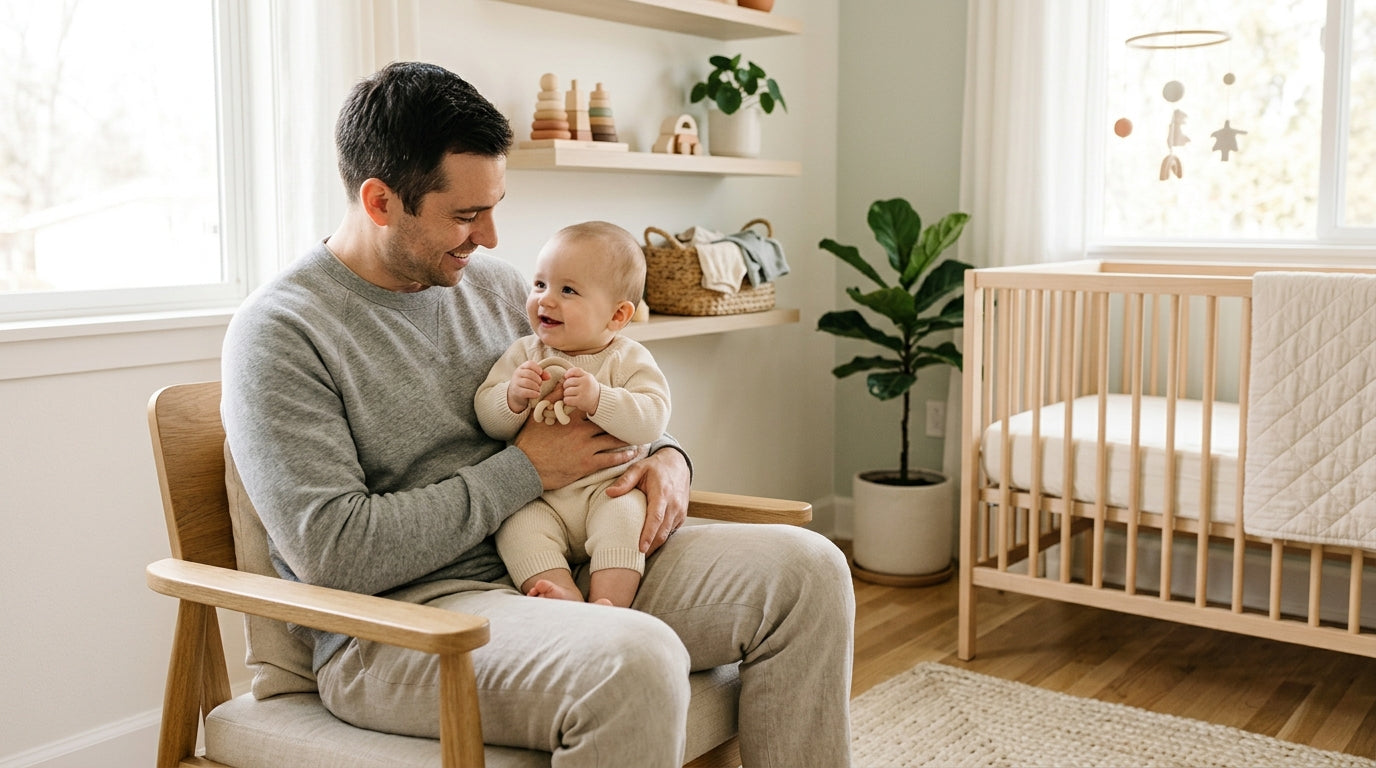 Exhausted dad holding baby while researching Rihanna's parenting styles and sustainable baby clothes