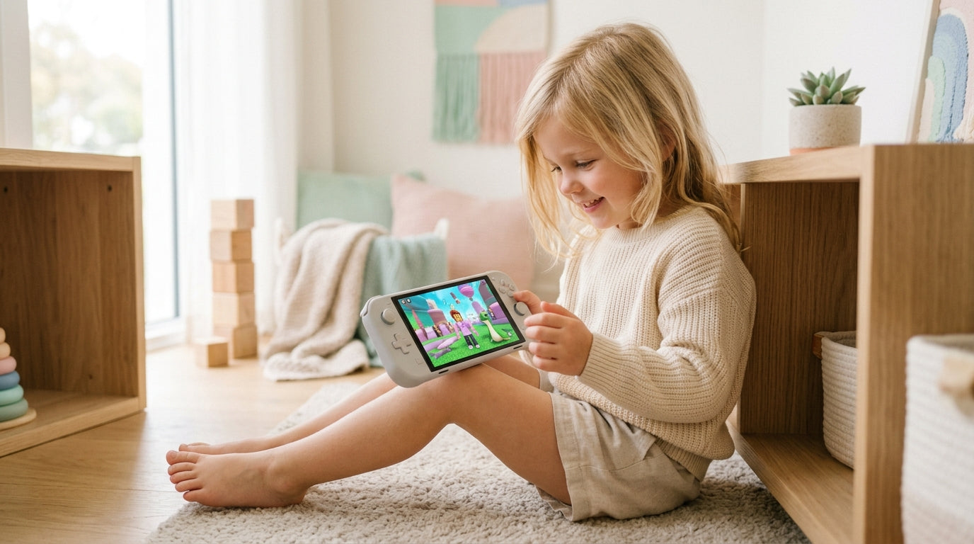 A confused and exhausted mom holding a coffee cup looking at a tablet screen.