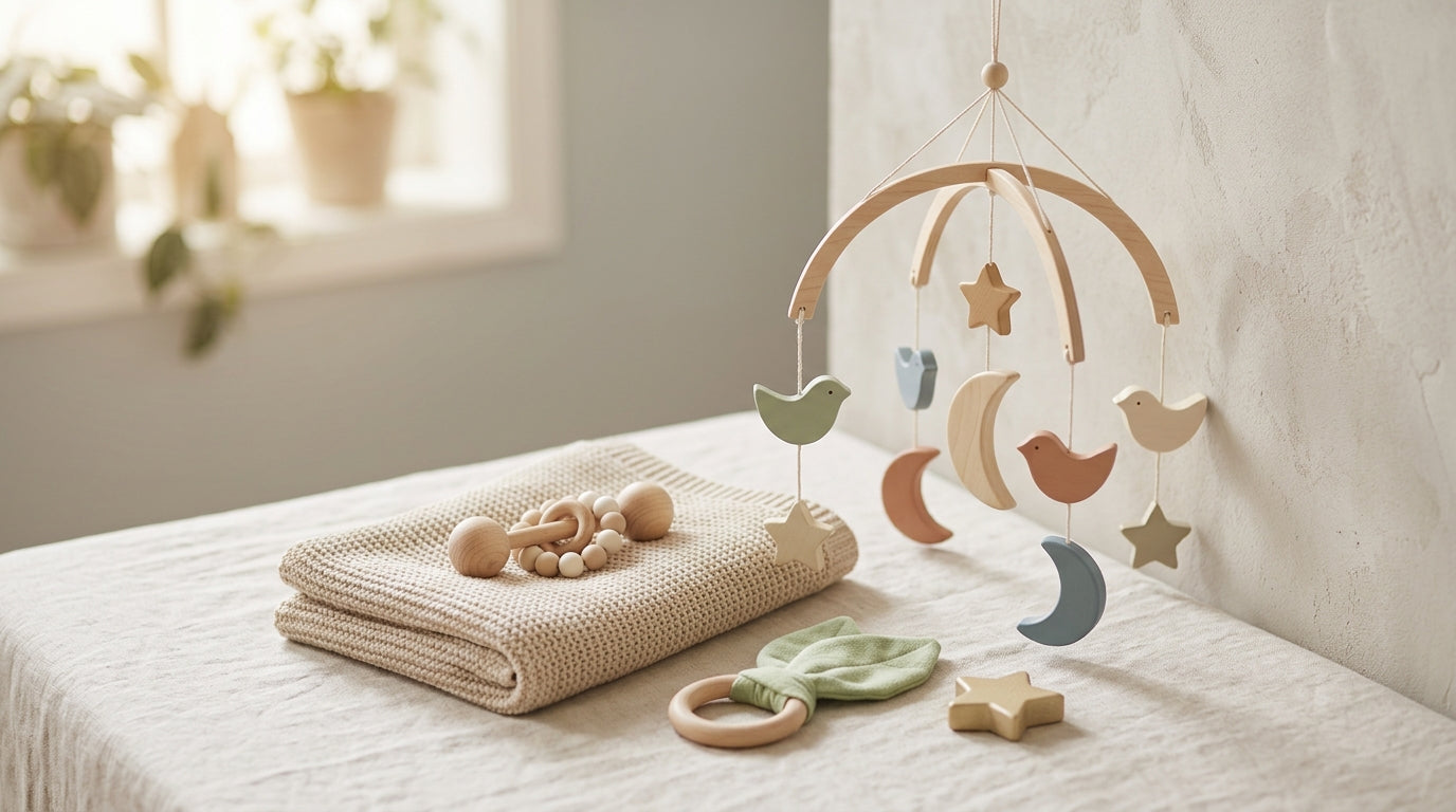 Exhausted dad looking at baby rocker while holding a sleep sack in a dark nursery.