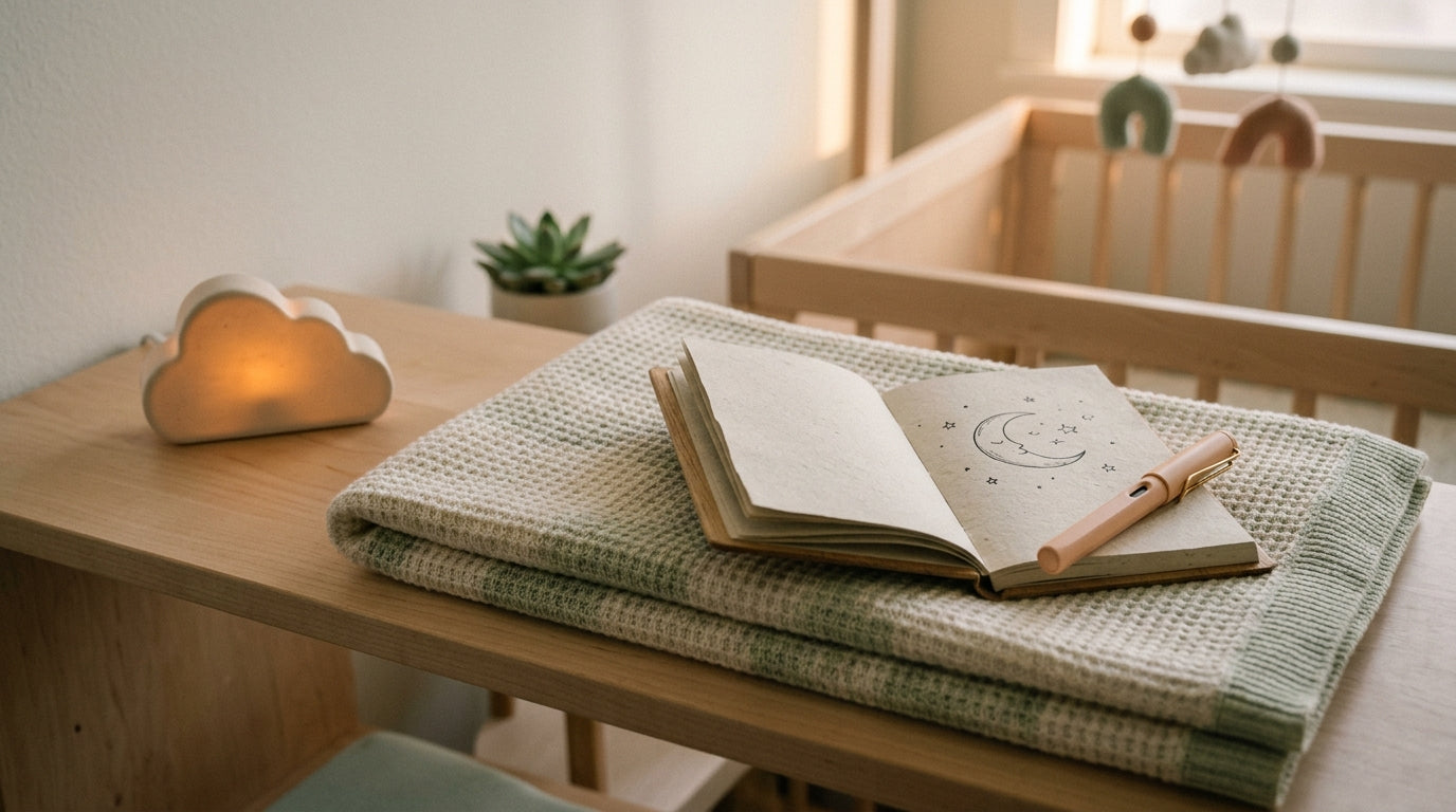 A tired dad holding a sleeping baby in a dark nursery thinking about lullabies