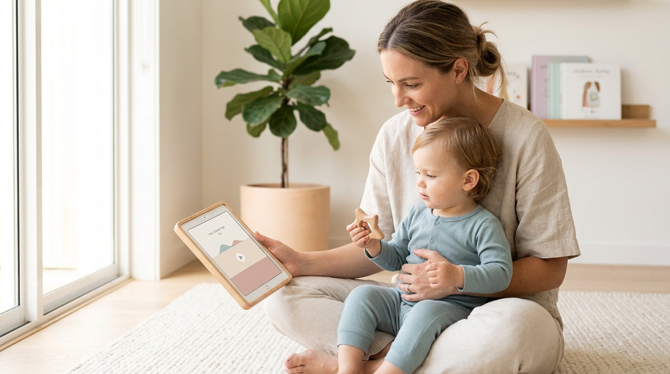 A vintage record player playing next to a baby sleeping soundly in a nursery