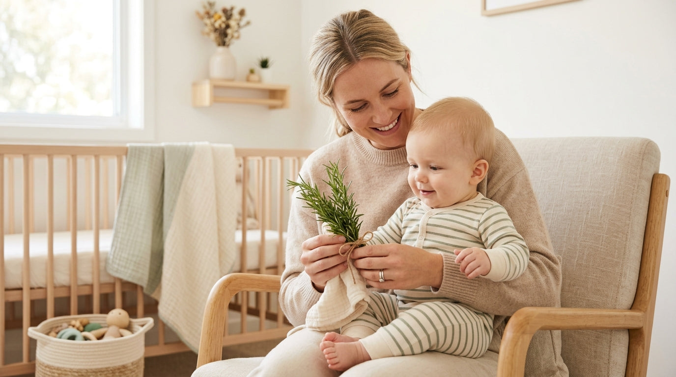 A fresh sprig of rosemary next to a wooden baby teether on a kitchen counter