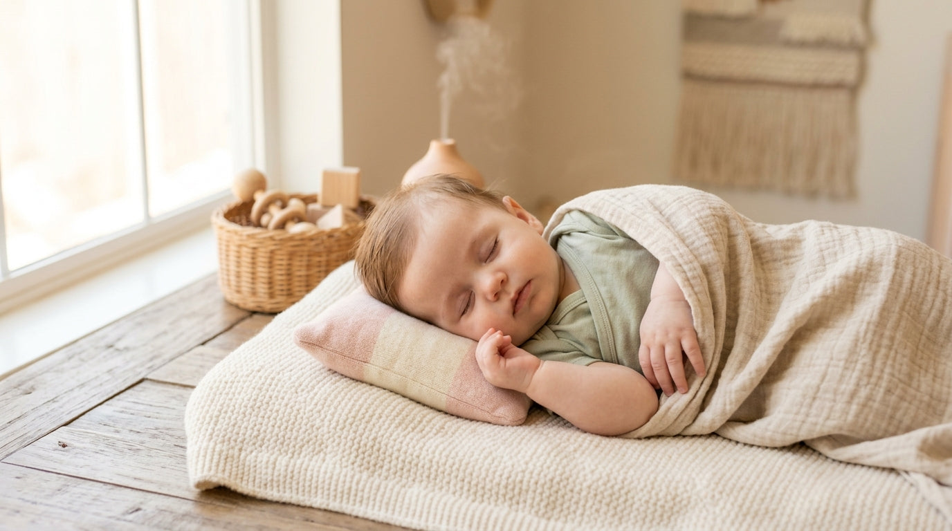 Tired mom holding a congested infant wearing a sleeveless organic cotton bodysuit