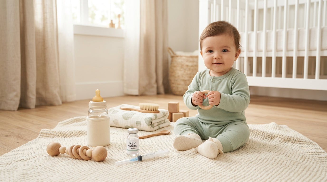 Exhausted dad staring at a thermometer while holding a baby