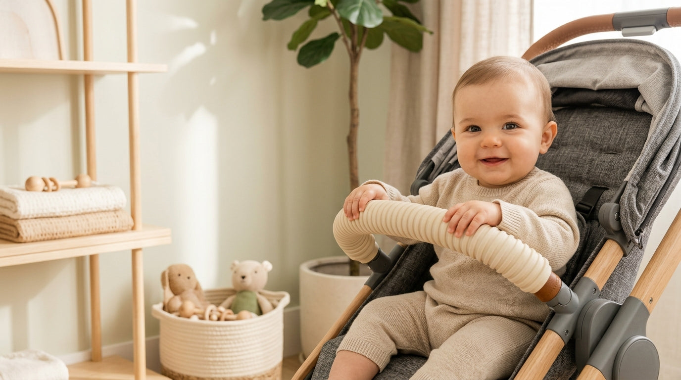 Toddler chewing on a stroller bumper bar while sitting in a modern baby buggy