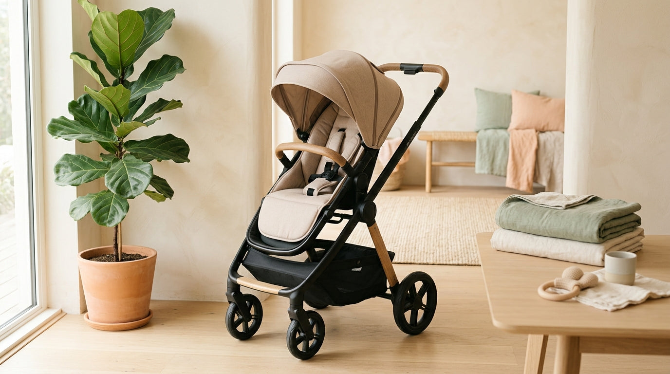 Mother pushing stroller over bumpy Chicago sidewalk