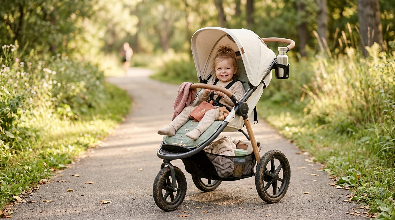 Tired mother pushing a jogging stroller through a park while holding a lukewarm coffee