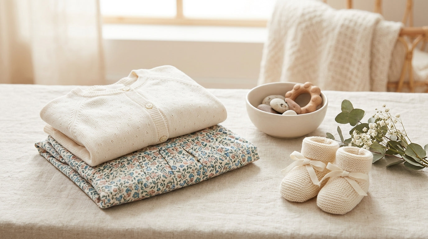A tired parent holding a Sachin Babi dress while twins chew on a silicone teether.
