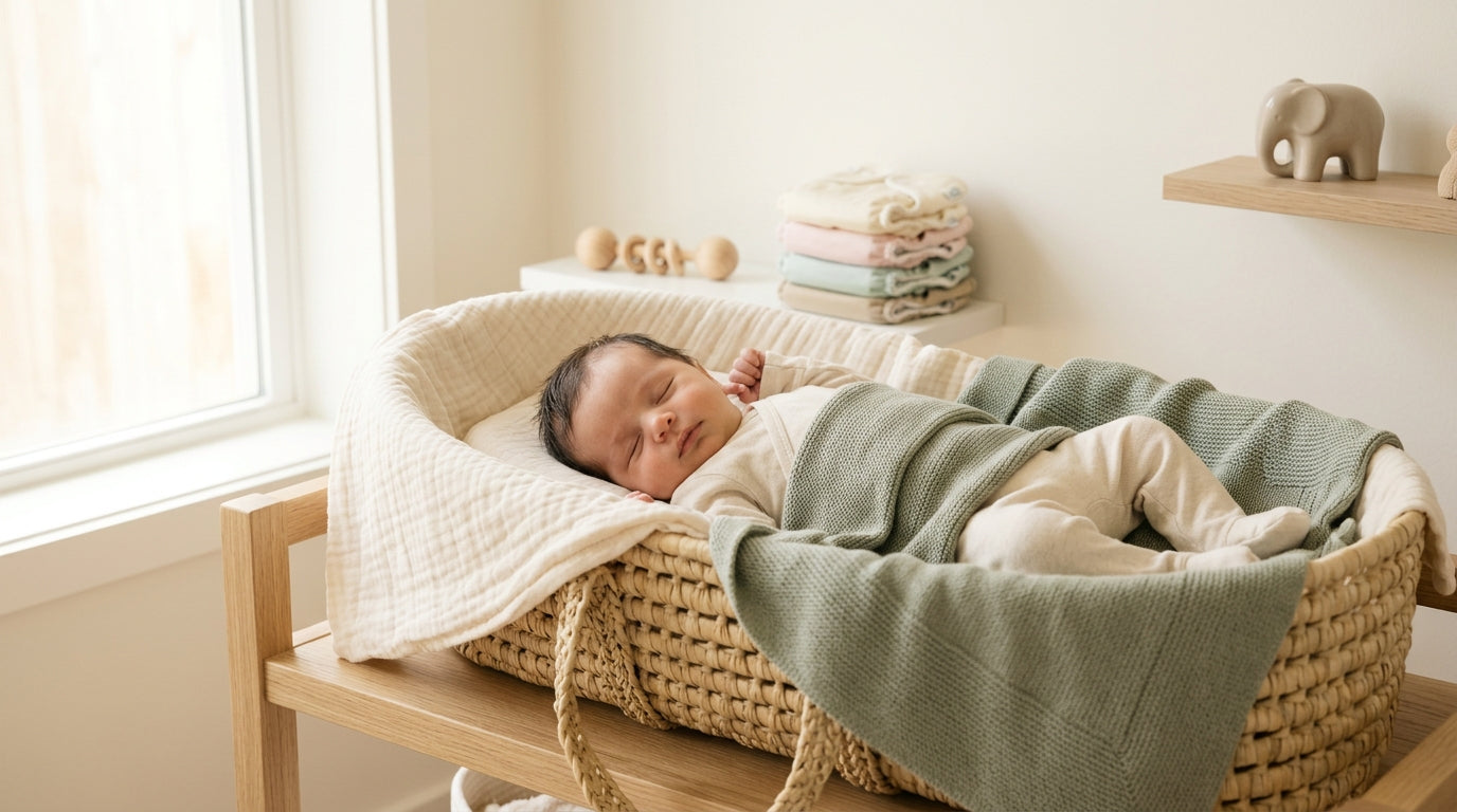 Exhausted mom holding a crying newborn in an organic cotton bodysuit