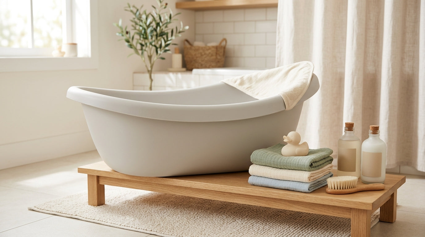 A bewildered dad awkwardly testing bath water temperature with his elbow.