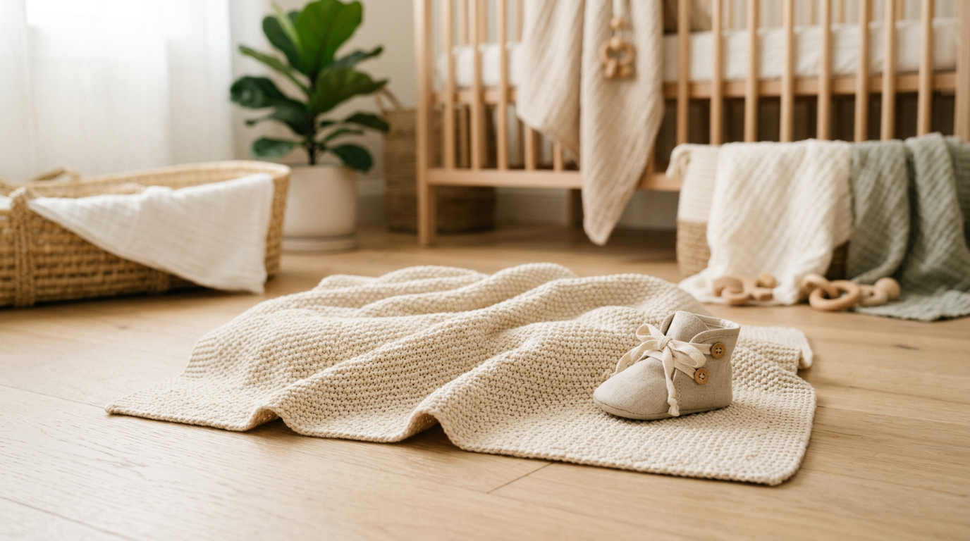 Folded organic baby blankets stacked next to a wooden crib