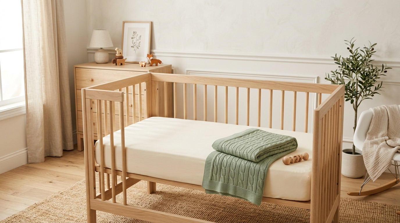 A crumpled bamboo baby blanket draped over the arm of a wooden nursery rocker.