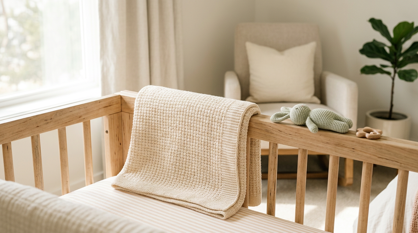 Folded organic cotton baby blanket on a wooden nursery rocking chair
