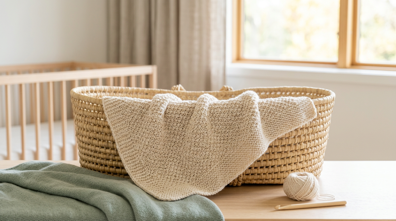 A folded merino wool baby blanket next to a silicone teether on a bed