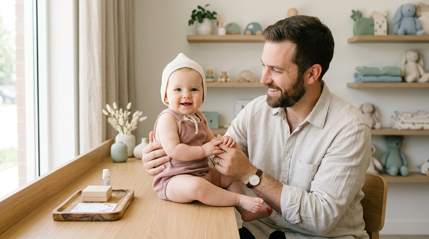 Dad researching safe piercing spots on his phone while holding his sleeping baby