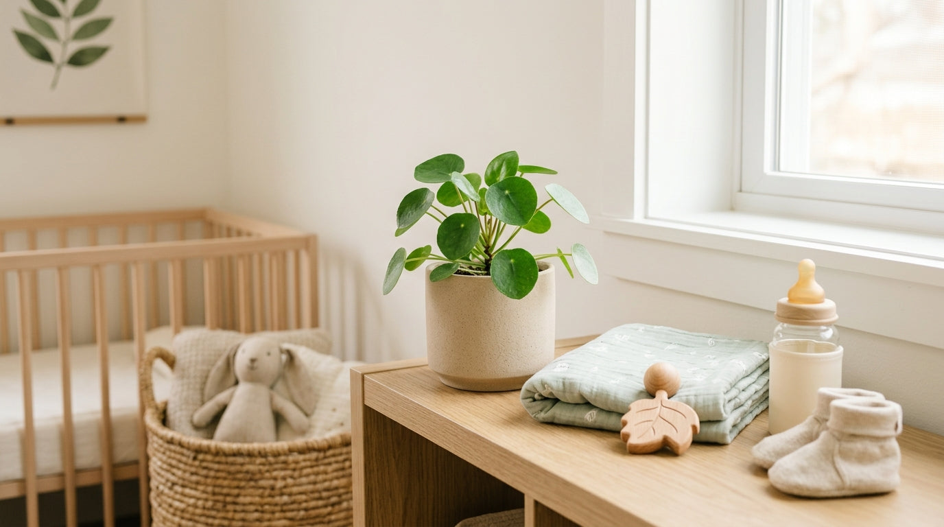 A messy nursery with a spider plant hanging far out of reach from a toddler.