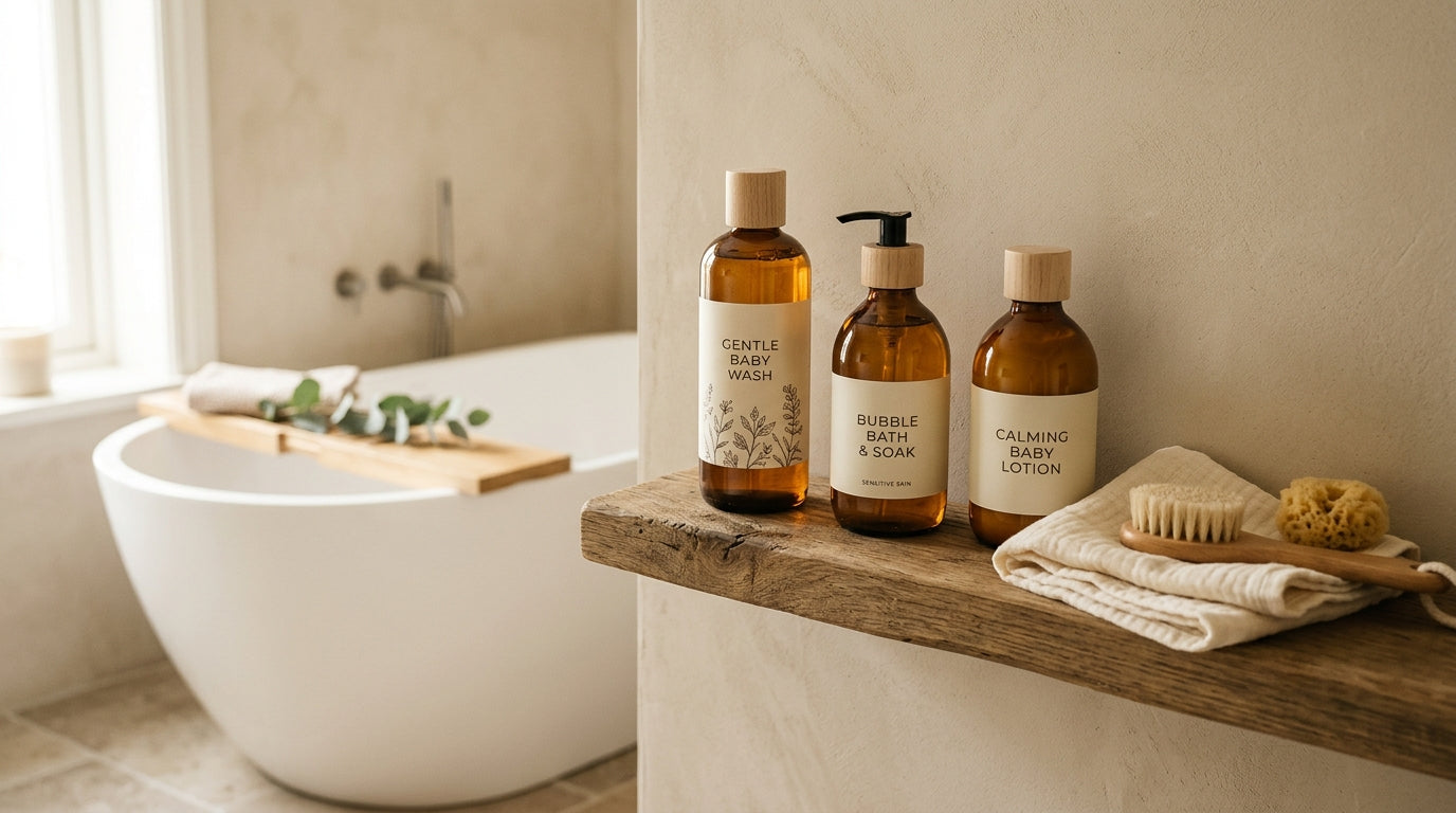 Mom testing warm bath water on her wrist before washing her baby