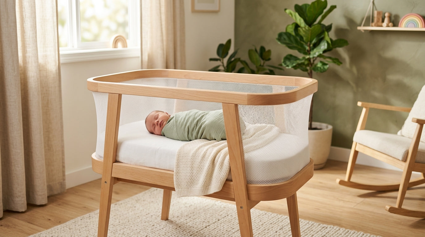 Pediatric nurse Priya adjusting a bedside bassinet for a sleeping newborn baby in a dark room.
