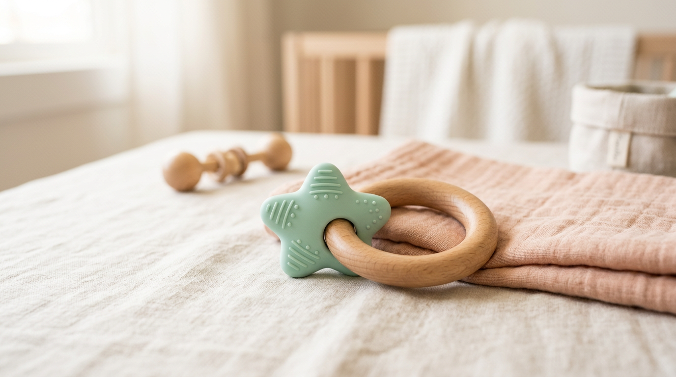 A tired parent holding a chilled silicone panda teether while a baby violently drools in the background.