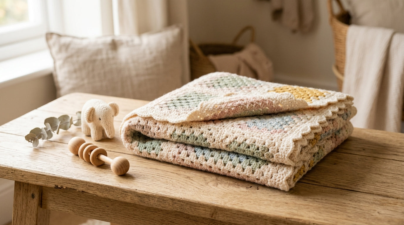 Messy pile of yarn and a half-finished blanket on a living room rug