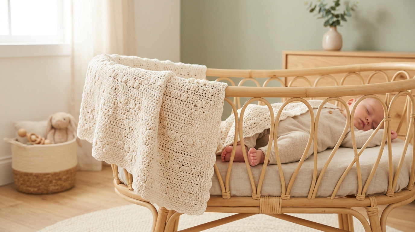A highly skeptical baby staring at a brightly coloured hand-crafted blanket