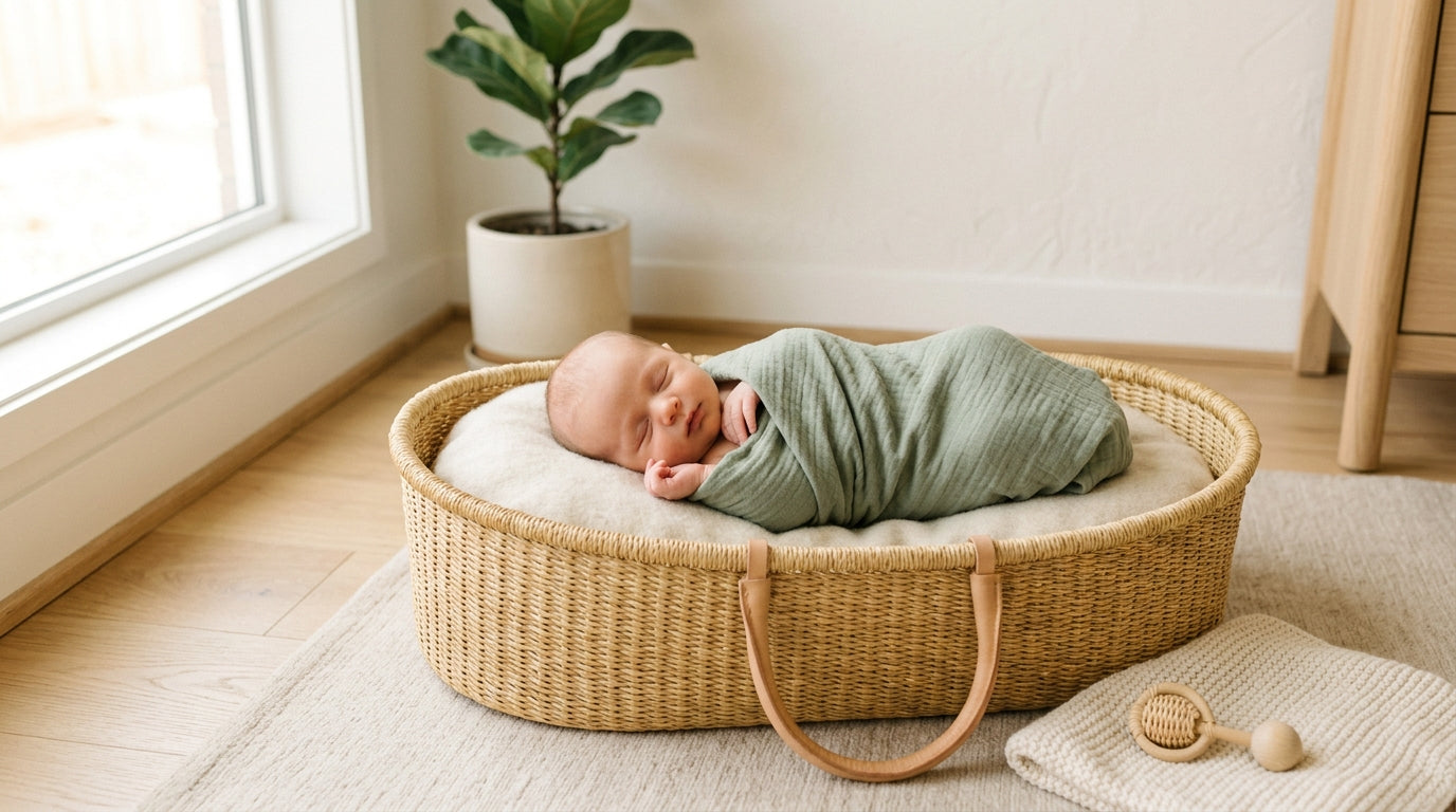A sleeping newborn swaddled in a breathable blanket near a bright window