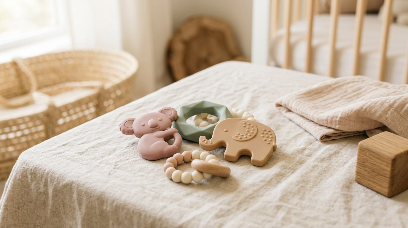 A tired mom holding a safe one-piece silicone panda teether in her kitchen.