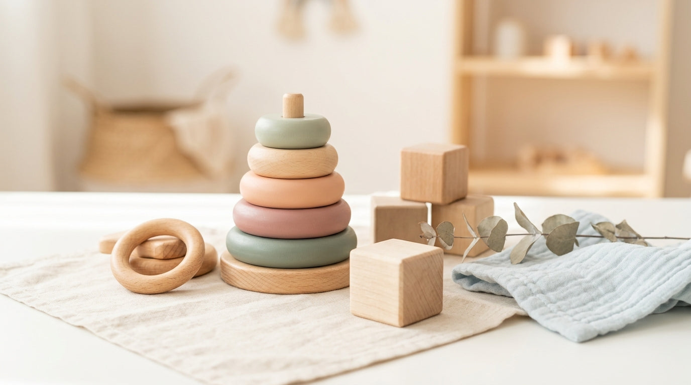 Toddler chewing on a solid beech wood grasping ring on a playmat