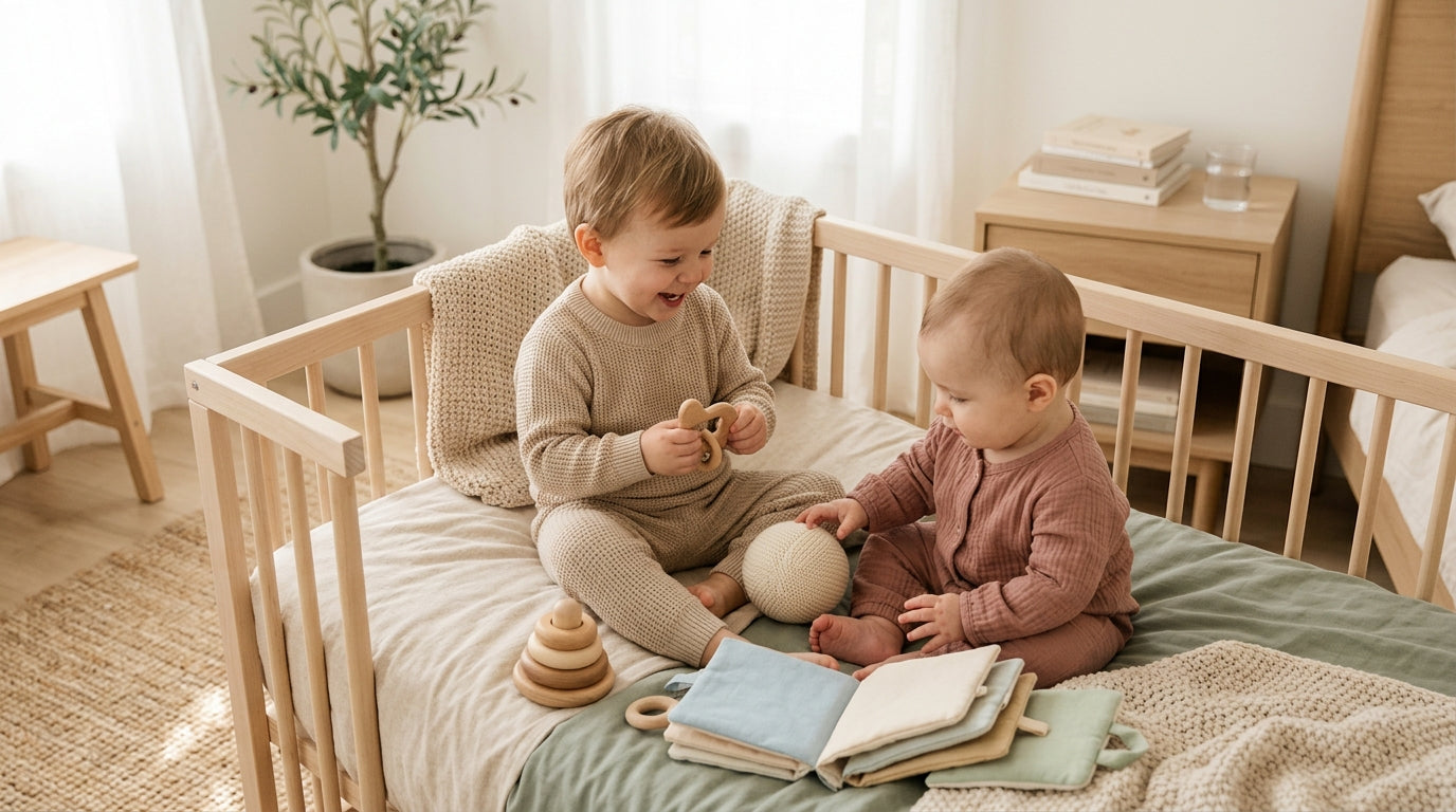 A very tired mom drinking cold coffee while her baby pulls a shiny red ornament off a messy Christmas tree.