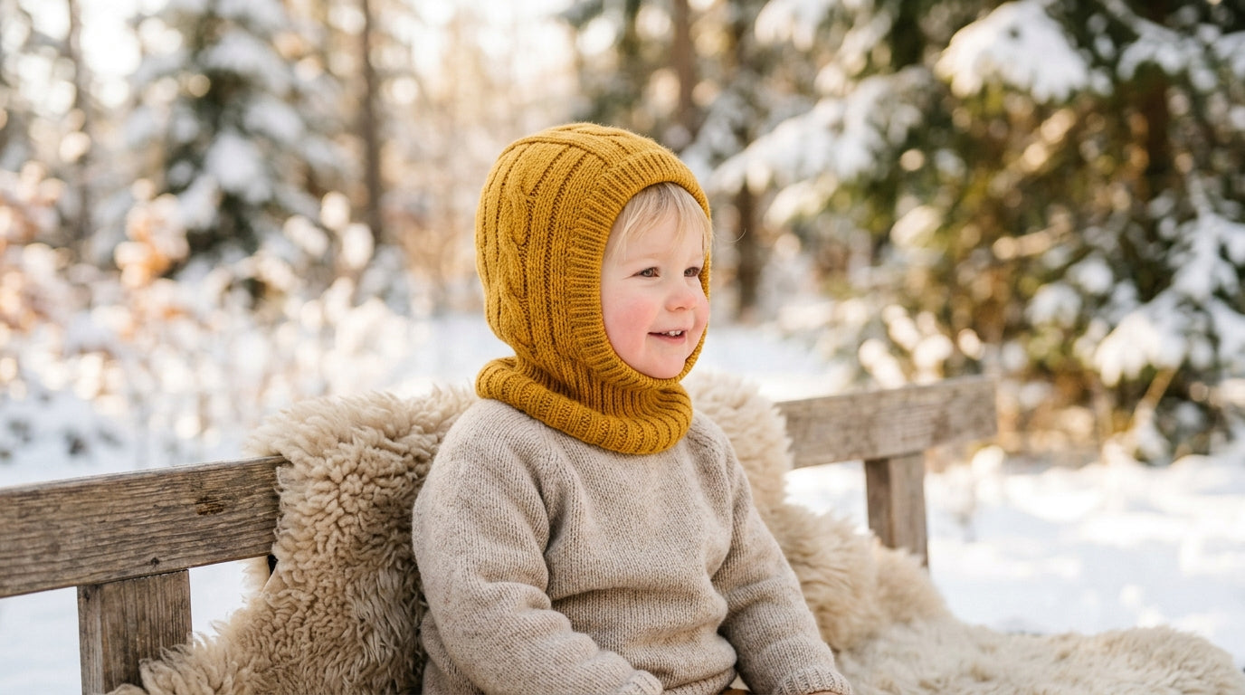 Baby wearing a wool Schlupfmütze balaclava while sitting in a carrier