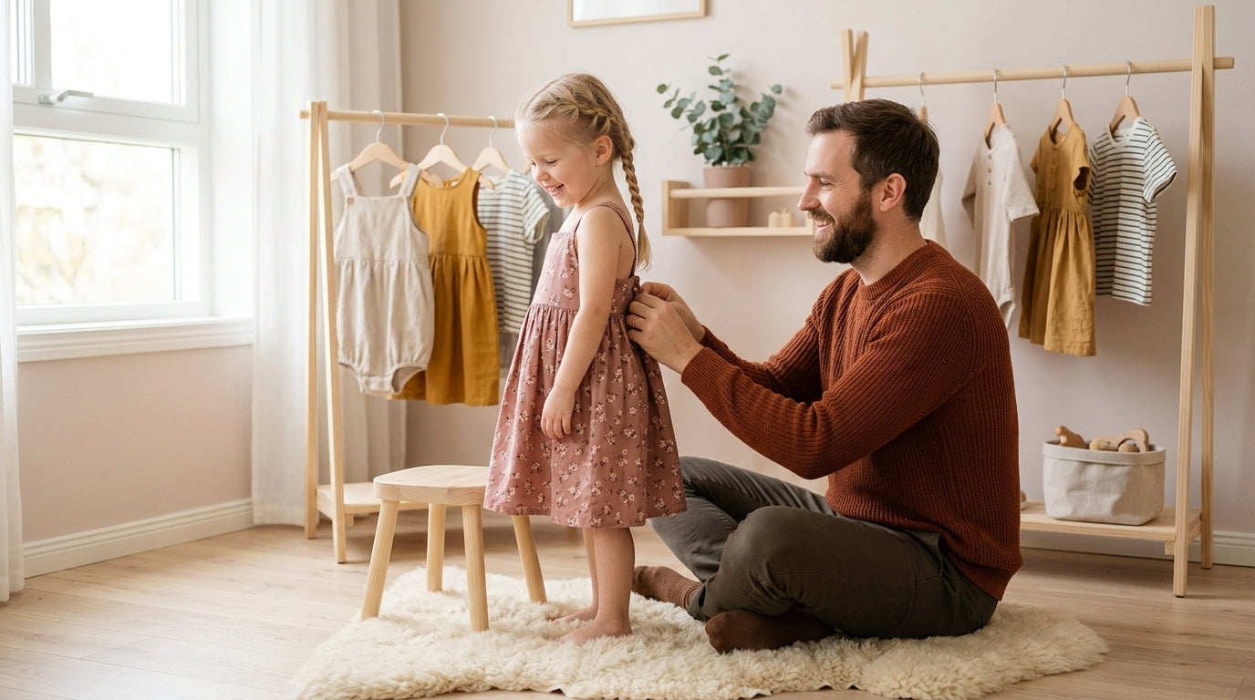 Dad holding a baby wearing a simple A-line dress