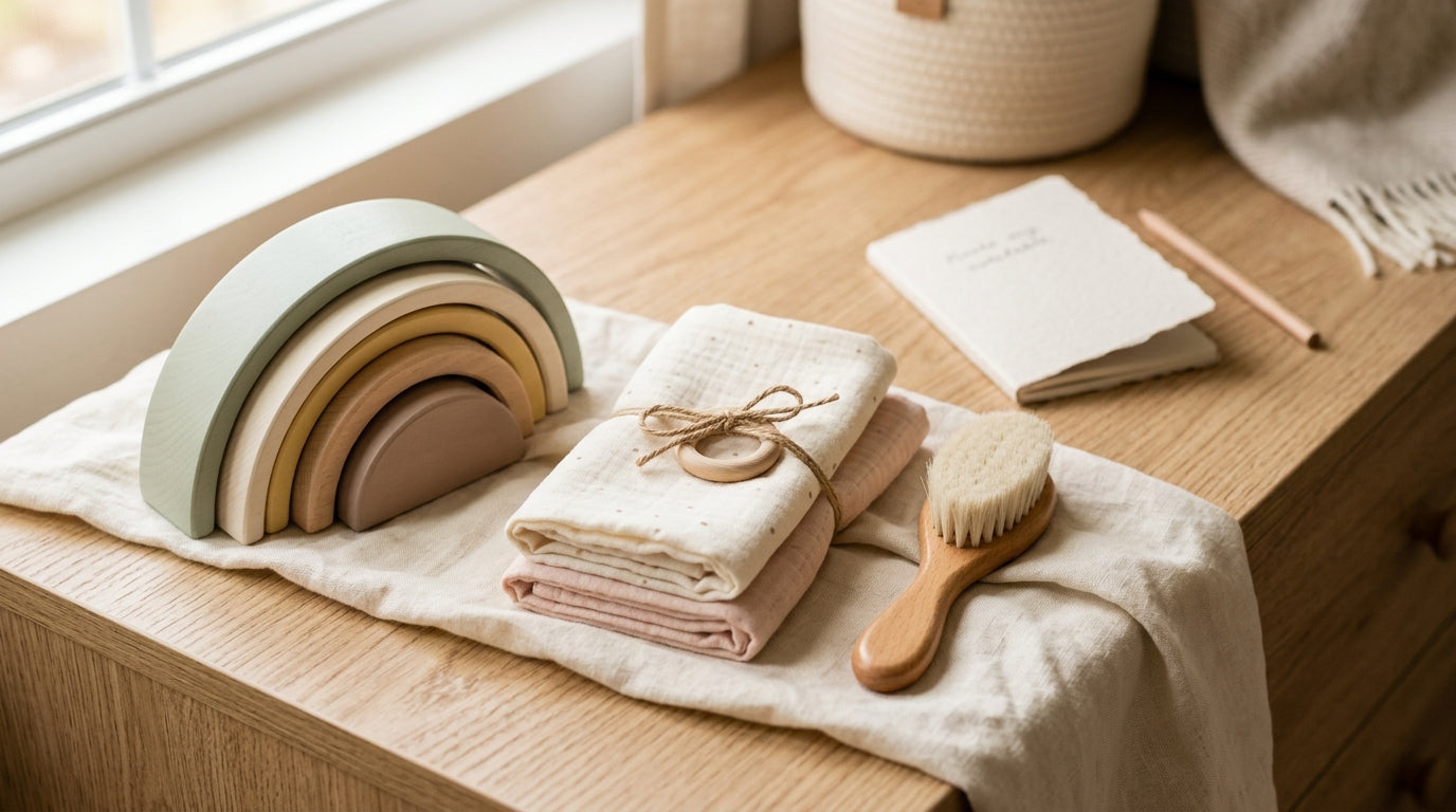 Toddler playing with a wooden baby gym instead of looking at a digital tablet