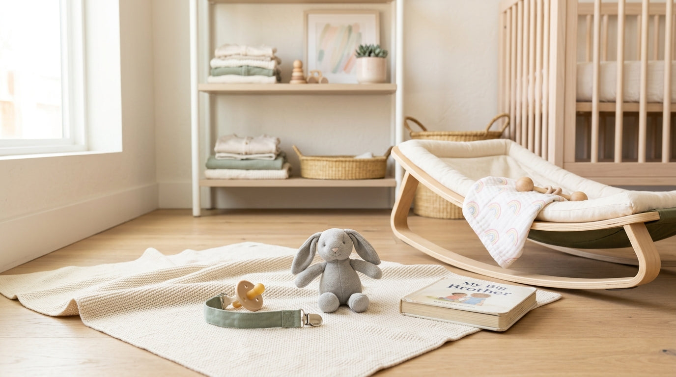 A toddler holding a baby bottle while a newborn sleeps on a cotton blanket.