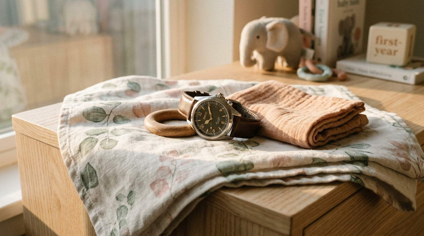 A Seiko Baby Alpinist watch resting next to an 11-month-old's wooden toys.