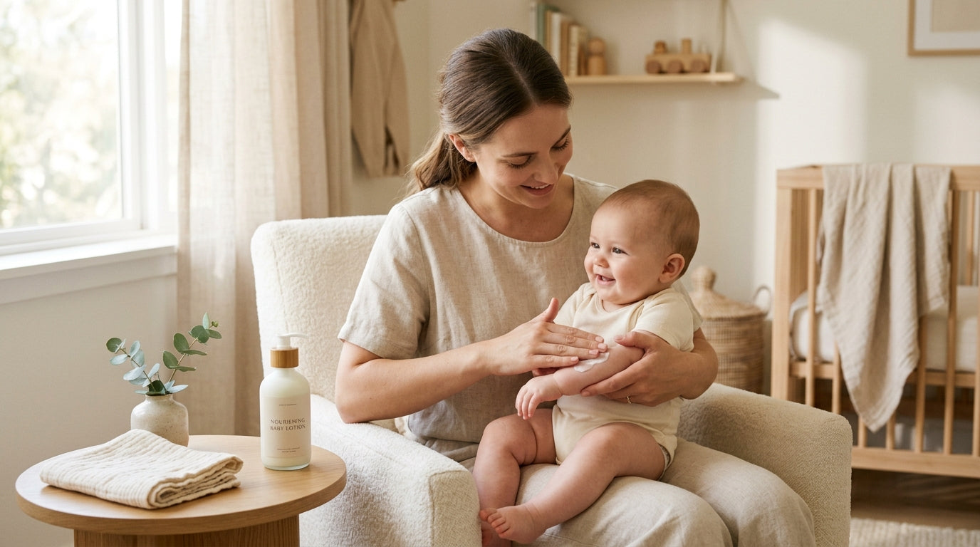 Jess applying unscented natural moisturizing cream to her toddler's eczema-prone leg.