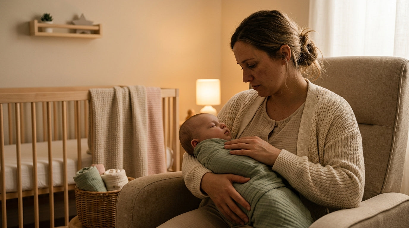 A tired father holding a crying baby in a dimly lit nursery.