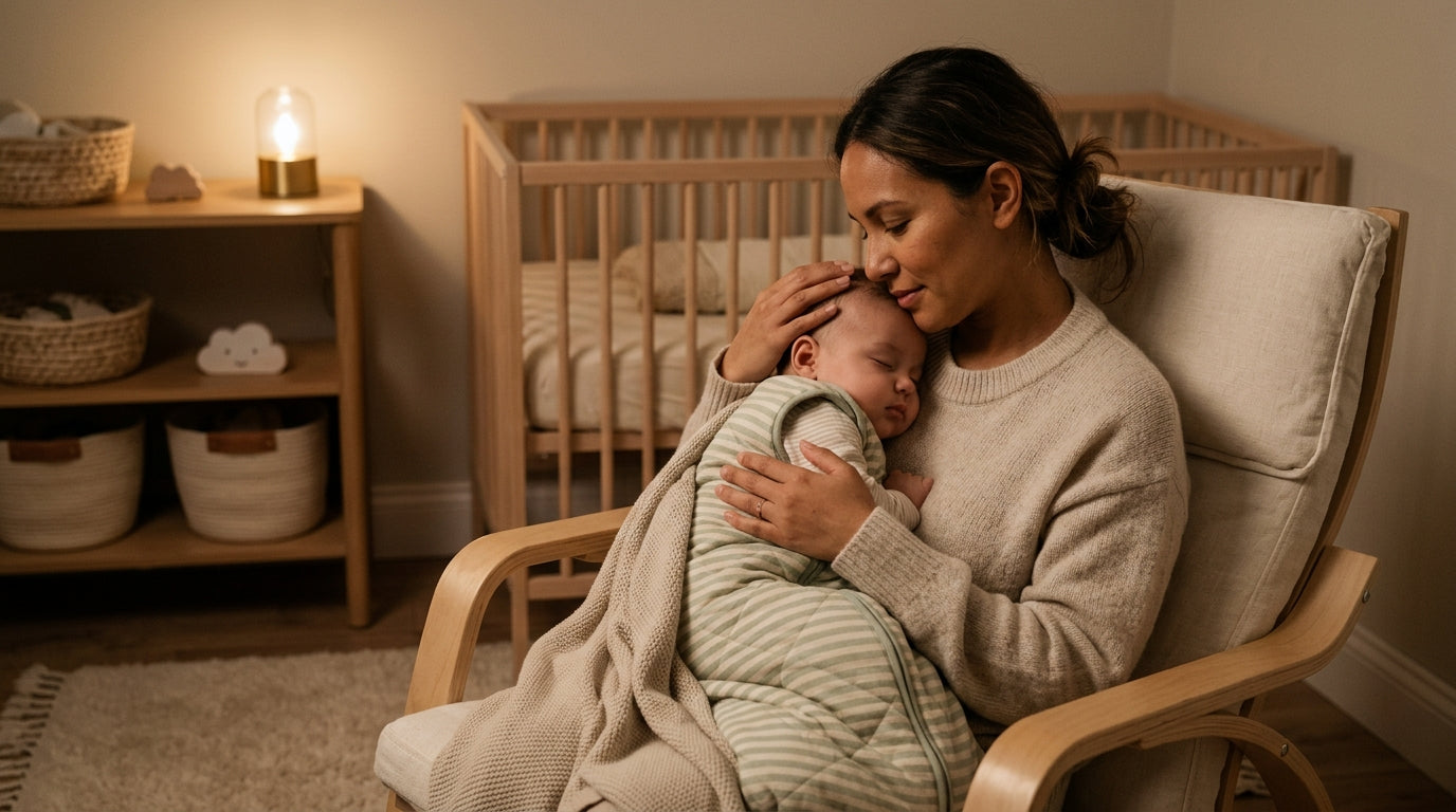 Marcus holding his screaming infant in a dark nursery next to a glowing white noise machine.