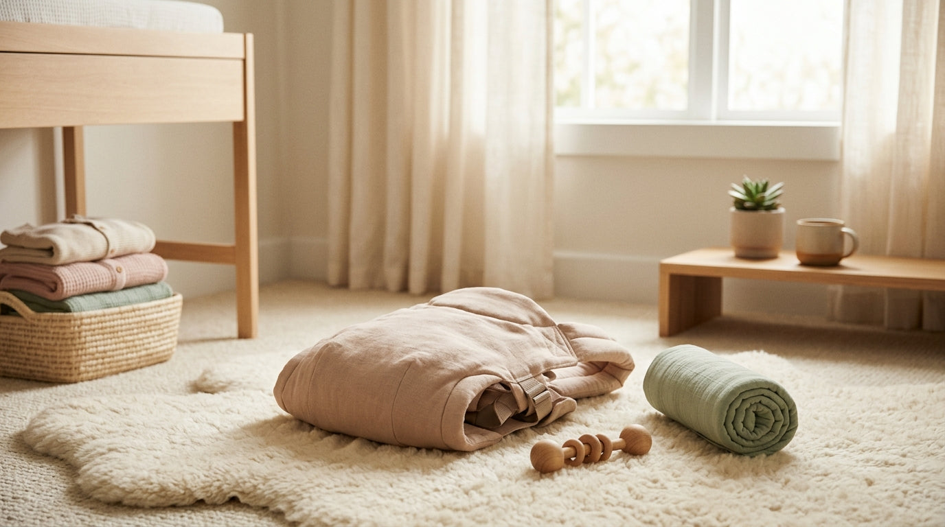 Exhausted mom holding a cold cup of coffee while baby sleeps in a crib