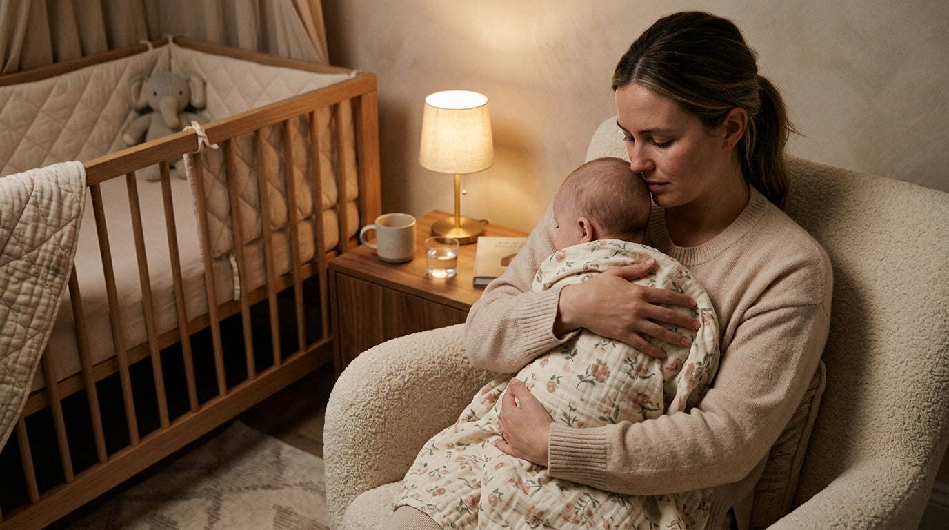 Exhausted dad staring blankly while holding a crying infant in a dark room.